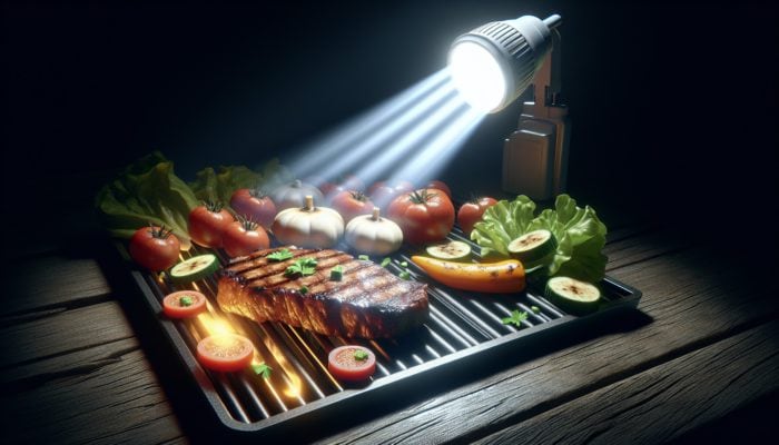 Top-Rated Grill Lights for Nighttime BBQ: Bright 300-lumen grill light illuminating steak and vegetables on a barbecue.