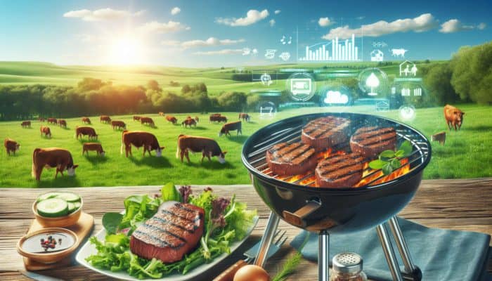 Target: Sizzling grass-fed beef steaks on a grill, surrounded by lush pastures and grazing cattle, showcasing sustainable farming.