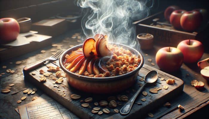 Smoked Apple Crisp with Oat Topping: Smoked apple crisp with caramelized apples and crunchy oat topping in a rustic dish.