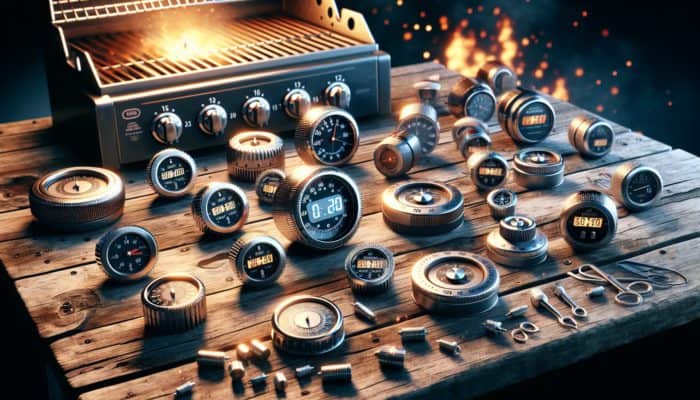 Using a Grill Timer for Perfect Results: Grill timers on a wooden table: mechanical with dials, digital with countdown and magnetic backs, near a lit barbecue grill.