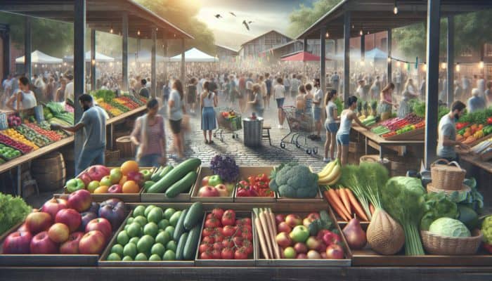 How to Minimize BBQ Food Waste: A vibrant farmers' market with fresh produce and a community BBQ minimizing food waste.