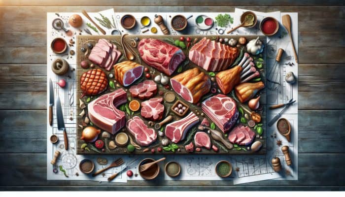 Best Cuts of Pork for Beginner Pitmasters: An array of labeled pork cuts on a rustic kitchen table, surrounded by cooking utensils and herbs.