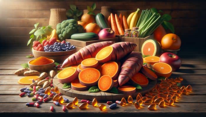 Top Roots for Healthy BBQ Sides: Sliced sweet potatoes with health symbols like vitamins and antioxidants on a rustic table.