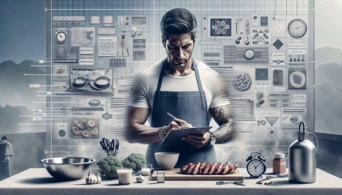 How to Stay Calm During BBQ Competitions: A chef at a BBQ competition, strategizing with a clipboard, surrounded by organized ingredients and timers.