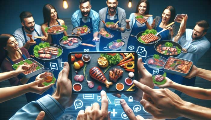 Creating a BBQ Social Media Challenge: A vibrant online BBQ community sharing creative grilled dishes and personal stories on social media.