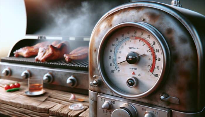 How to Install a Smoker Temperature Gauge: A traditional smoker with an analog gauge showing ideal temperature, classic barbecue setup with smoking meat.