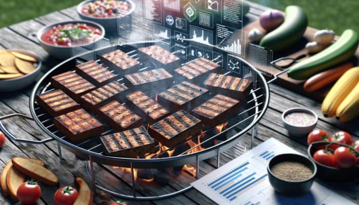 Grilling Tempeh for Protein-Packed BBQ: Grilled tempeh slices with smoky char and crust at a vibrant BBQ, showcasing plant-based versatility.