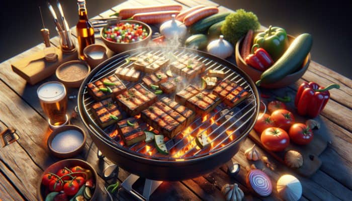 Marinated tempeh slices grilling on a BBQ, surrounded by vegetables, under a summer sunset.