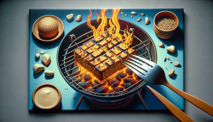 Tempeh grilling on a barbecue, marinated, golden-brown, juicy, medium-high heat.