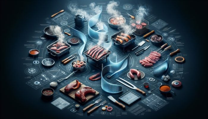 Using a Smoke Curtain for Flavor Control: Smoke curtains guiding smoke towards meats on an American barbecue, enhancing flavor.