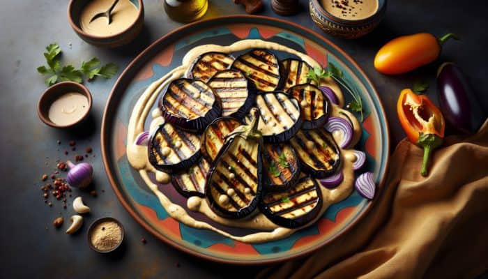 Grilled Eggplant with Tahini Sauce: Charred eggplant slices with creamy tahini sauce on a colorful platter.