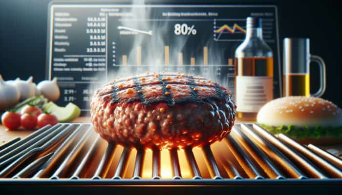 How to Grill Burgers Without Drying Them: Juicy burger patty with 80/20 lean-to-fat ratio sizzling on a grill, showing perfect moisture and flavor balance.