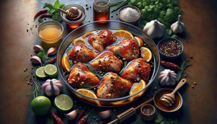 BBQ Chicken Thighs with Mango Salsa: BBQ chicken thighs marinating in citrus, garlic, soy sauce, and honey, with herbs and spices.