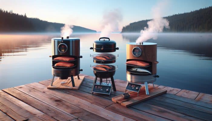 How to Cold Smoke Salmon Like a Pro: Various smokers on a wooden deck smoking salmon, lakeside sunset backdrop.