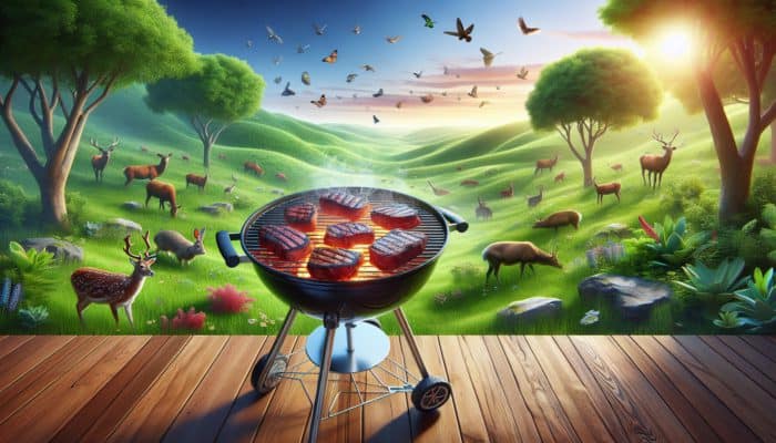 How to Reduce BBQ Carbon Footprint: Sizzling grass-fed beef steaks on a grill amidst lush pastures and diverse wildlife, symbolizing health and sustainability.