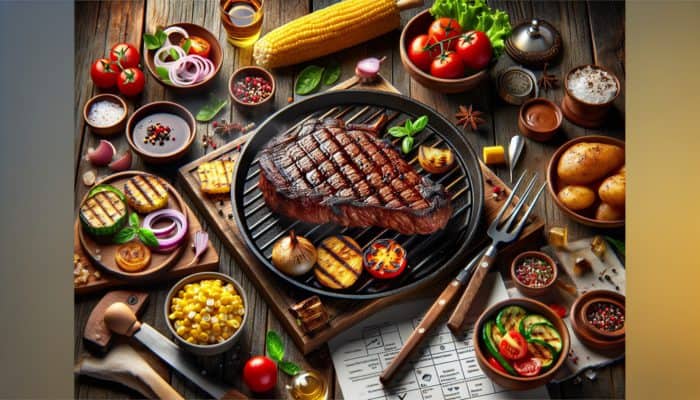 Sharing BBQ Photos for Engagement: A sizzling grilled steak and colorful BBQ delights on a rustic table, evoking summer and family nostalgia.