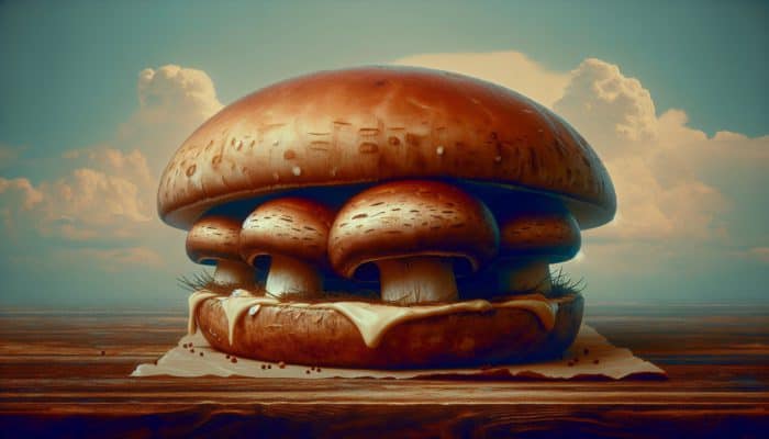 Grilled Portobello Mushroom Burgers: Large, firm portobello mushrooms with deep brown hue, used as burger buns, grilled to perfection.