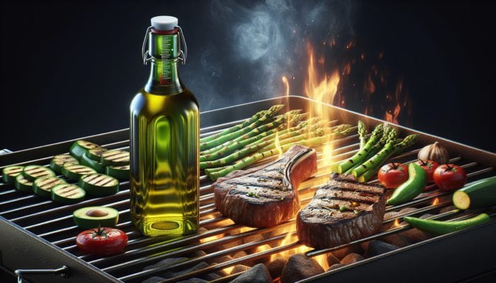 A bottle of avocado oil on a grill with steaks and vegetables, showing 520°F on a gauge.