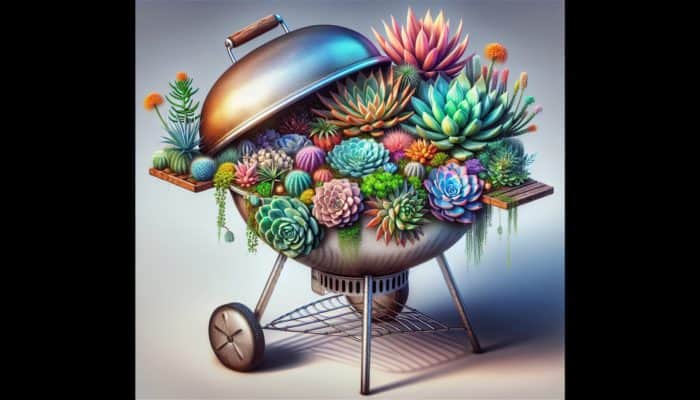 How to Upcycle Old BBQ Grills: BBQ grill repurposed as a garden planter with thriving succulents under direct sunlight.