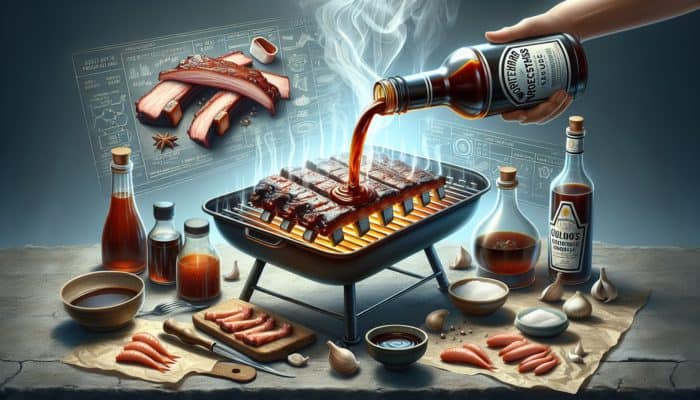 Bottle of Worcestershire sauce enhancing BBQ ribs with vinegar, molasses, and anchovies on a smoky grill.