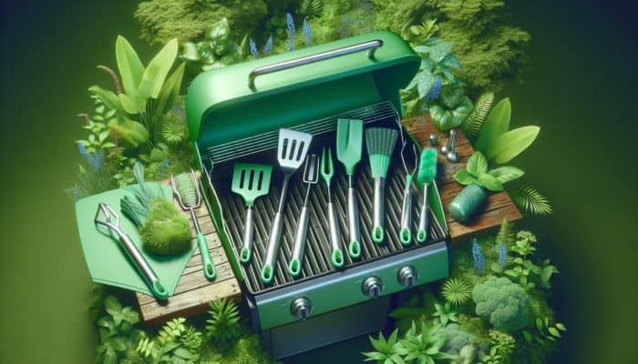 Durable stainless steel grilling tools on an eco-friendly grill amidst lush plants, symbolizing sustainability.