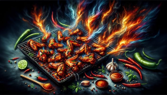 Spicy grilled chicken wings with cayenne, paprika, garlic, hot sauce, vinegar, and honey, sizzling on a grill.