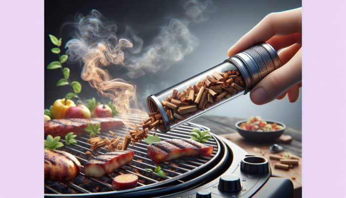 Using a Smoke Tube for Extra Flavor: A compact smoke tube with smoldering wood chips infusing rich, aromatic smoke into grilled foods on a modern barbecue.