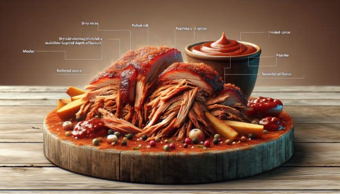 Close-up of Memphis BBQ: succulent pulled pork with dry rub, slow-smoked, served with tomato-based sauce.