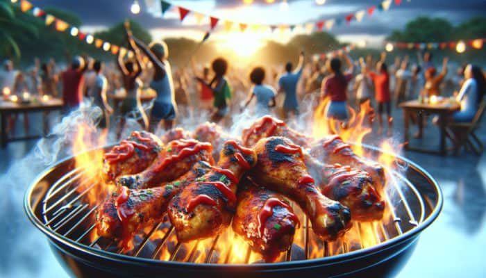 Juicy BBQ chicken drumsticks with fiery Sriracha glaze on a summer grill at a lively party.