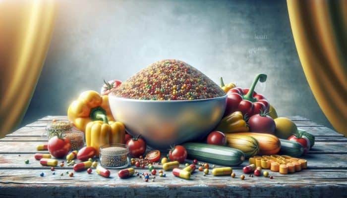 Top Grains for Healthy BBQ Salads: A vibrant bowl of quinoa with colorful vegetables on a rustic wooden table.