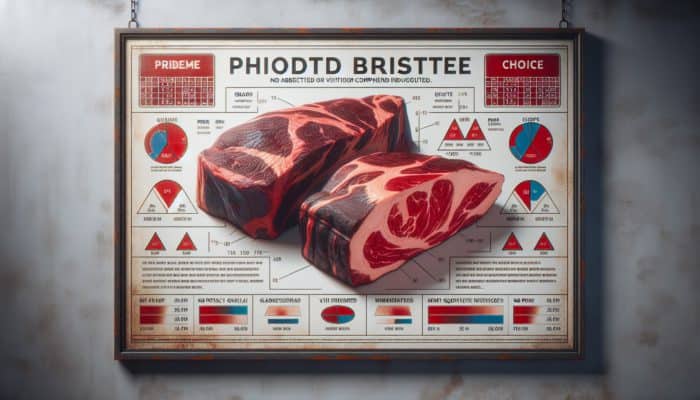 Best Brisket Techniques for Competitions: USDA Prime and Choice briskets on display, showing marbling and uniform shape, with grading charts.