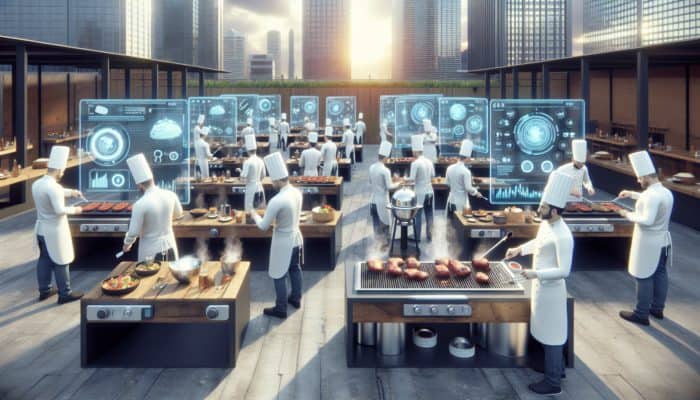 Using AI for BBQ Competition Prep: Chefs using AI devices at a high-tech BBQ competition to optimize recipes and analyze techniques.