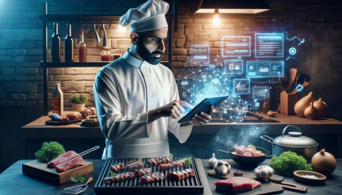 A chef using AI on a tablet to develop BBQ recipes in a modern kitchen with grilling tools and meats.
