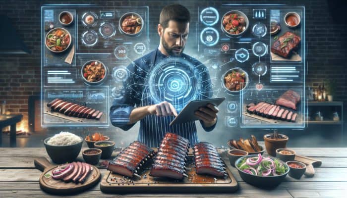 A BBQ competitor using an AI tablet interface to optimize recipes, adjusting temperature and spice ratios, with various enhanced BBQ dishes displayed.
