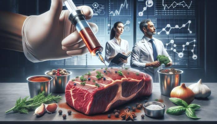 A meat injector injecting marinade into a steak, surrounded by herbs and spices, with chefs discussing in background.
