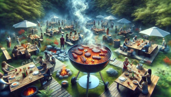 A vibrant backyard barbecue scene with enthusiasts around sizzling charcoal grills, smoke enhancing the classic BBQ flavors.