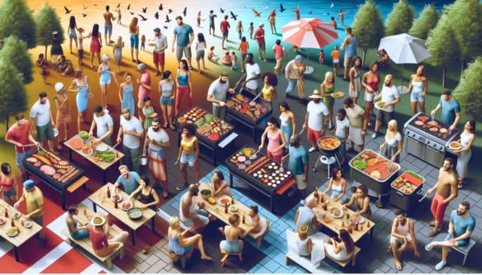 Diverse BBQ enthusiasts grilling gourmet food on premium equipment in various U.S. settings.