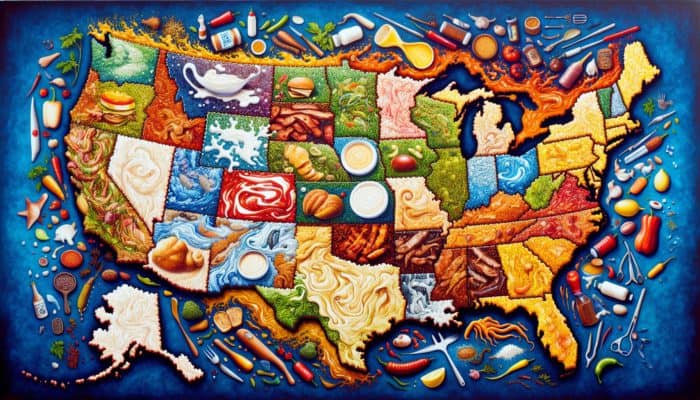 A map of the USA showing Alabama white sauce spreading and adapting across different states with local ingredients.