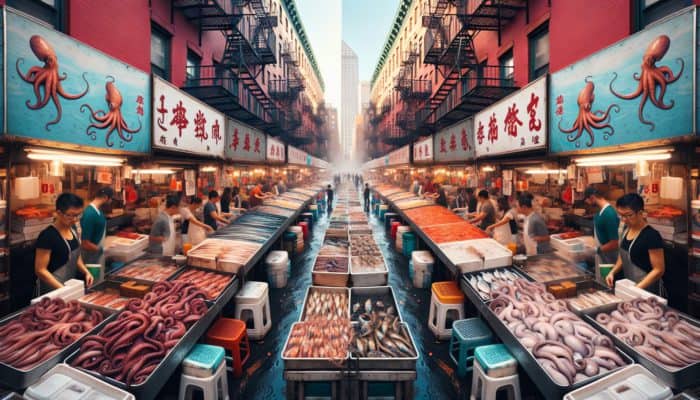 Chinatown fish market in NYC and Seattle waterfront market showcasing fresh, high-quality octopus for grilling.