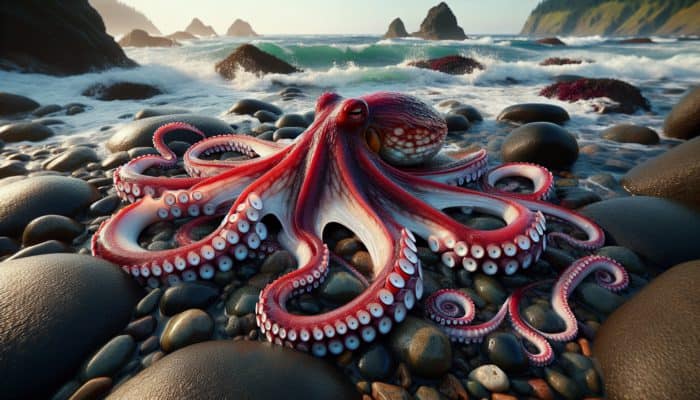 A freshly caught Pacific Northwest octopus with vibrant tentacles on rugged coastal rocks with crashing waves.