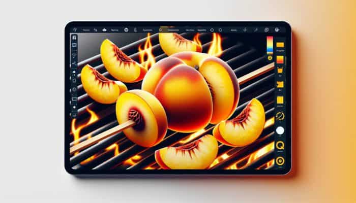 Ripe yet firm yellow and white freestone peaches on skewers, grilling with caramelized marks.