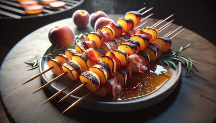 Grilled peach and bacon skewers on a barbecue, with charred peaches, crispy bacon, herbs, and honey.