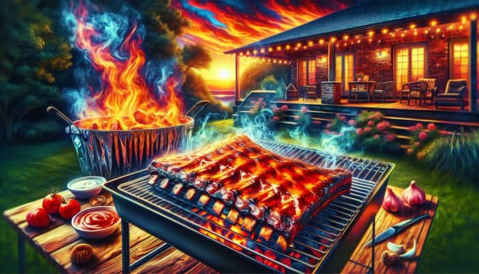 Backyard barbecue scene with succulent pork ribs smoked using the 3-2-1 method: unwrapped for three hours, foil-wrapped for two, then unwrapped with hickory-infused tender meat.