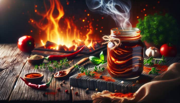 A steaming jar of homemade American BBQ sauce with paprika and cayenne on a rustic table, surrounded by glowing embers and fresh herbs.