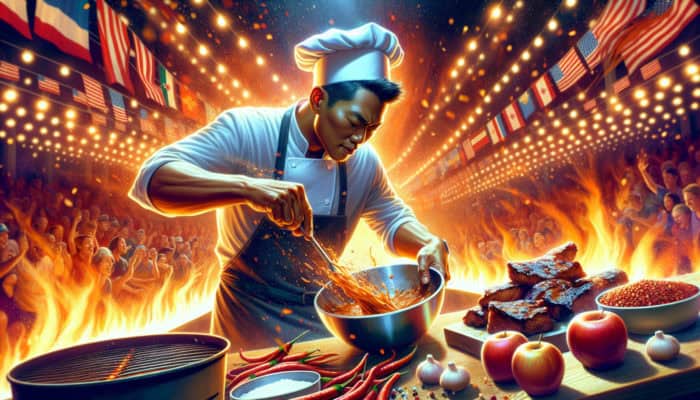 A chef blends Louisiana cayenne pepper and Washington apple cider into glossy BBQ sauce at a bustling competition, adjusting for perfect acid-spice balance.