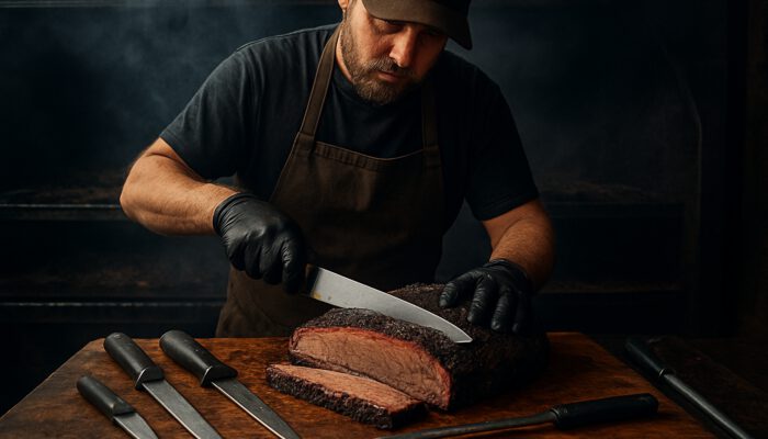 Pitmaster trimming juicy brisket with Victorinox knife in smoky Texas pit, surrounded by Wüsthof tools.
