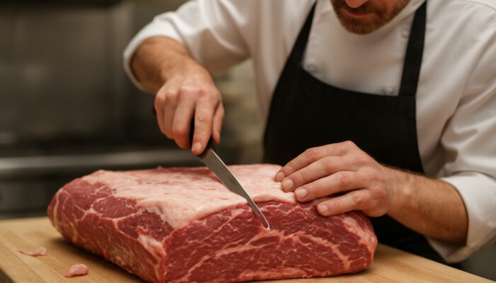 Skilled butcher trimming fat from marbled beef brisket with precision.