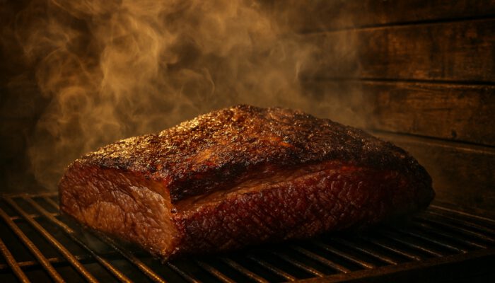 Succulent brisket with marbled fat glistening in a rustic U.S. smokehouse.