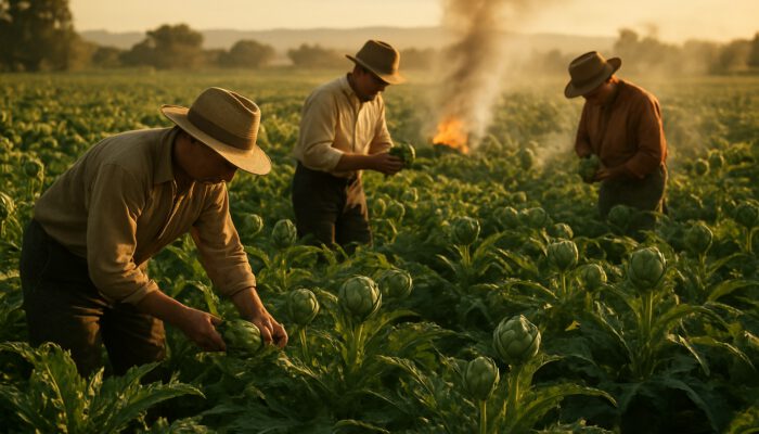 Sun-drenched artichoke field in Castroville, California, with farmers harvesting under golden light and rising smoke.