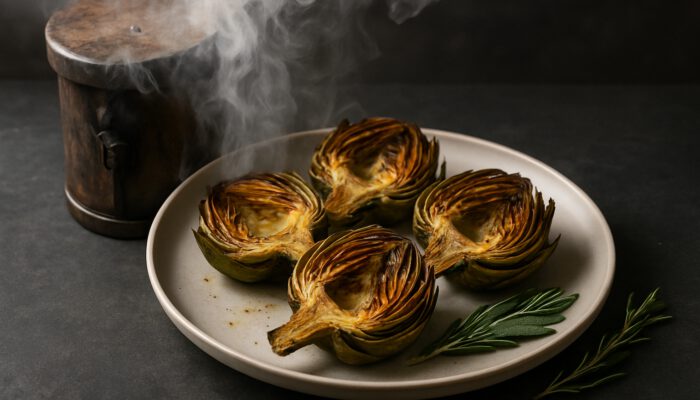 Rustic wooden smoker with herbs and smoke around golden-charred artichokes on a modern plate.